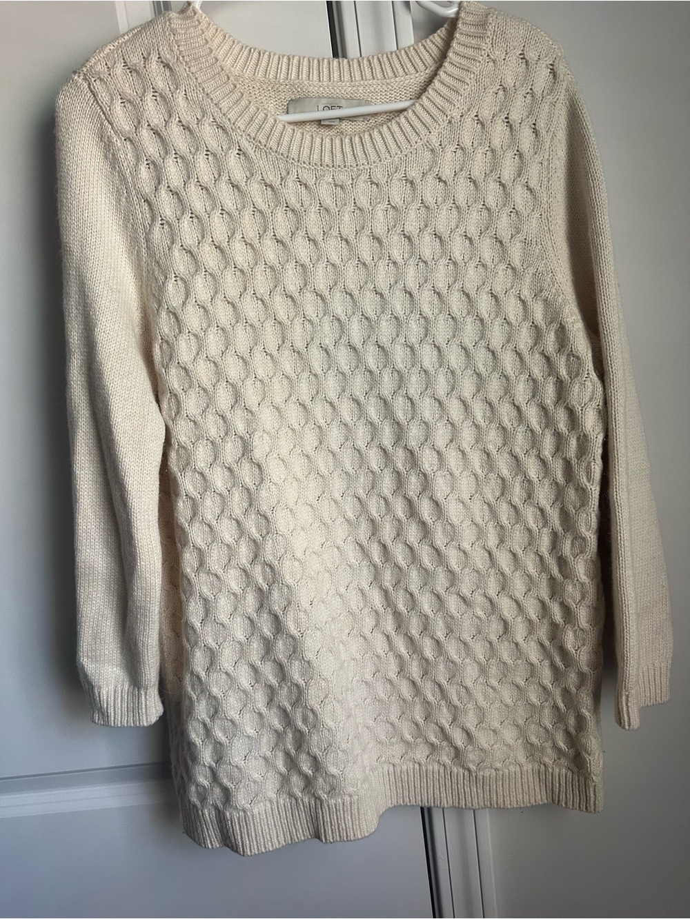 LOFT Ivory Cable Knit Crewneck Sweater